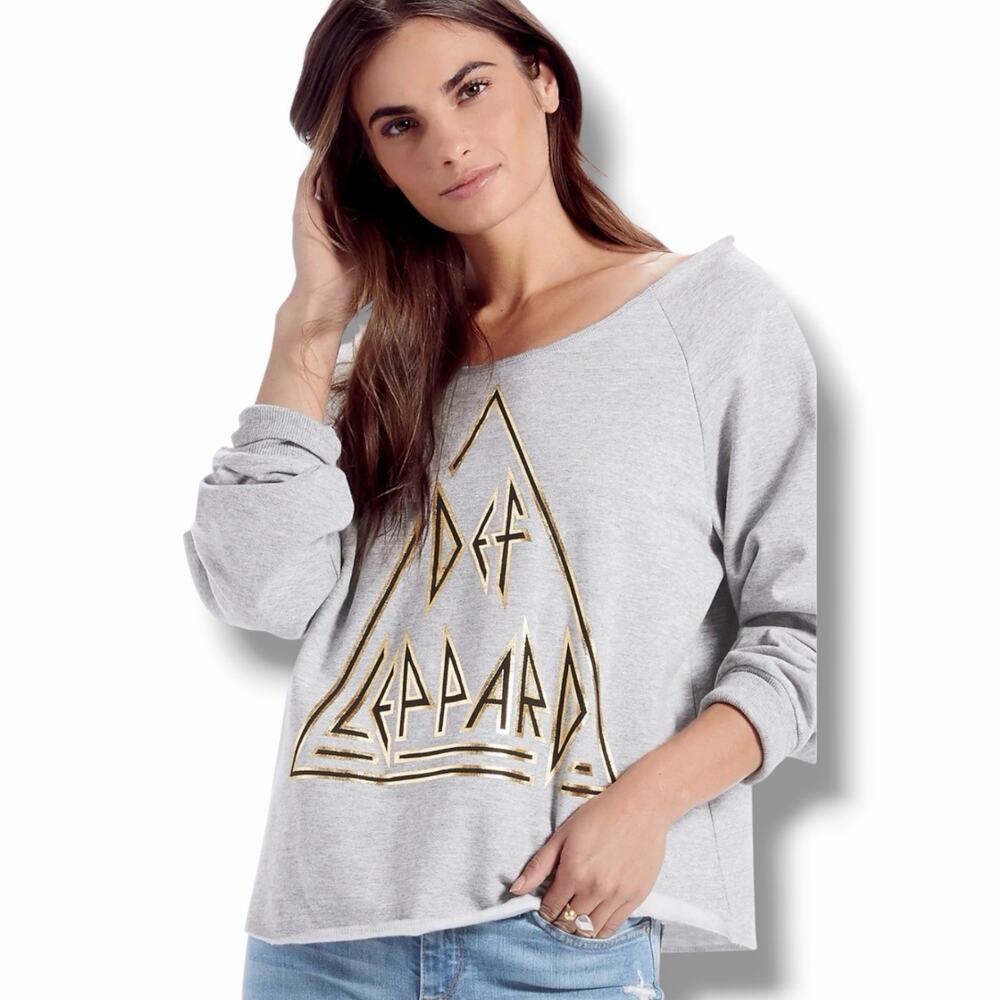 Lucky Brand Sweatshirt Def Leppard Off Shoulder Pullover Grey Gold Band Rock L